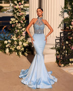 Éblouissante robe de bal sirène bleue longue à col en V avec dentelle perlée et manches longues