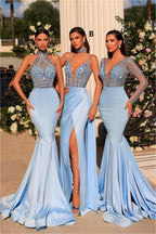 Éblouissante robe de bal sirène bleue longue à col en V avec dentelle perlée et manches longues