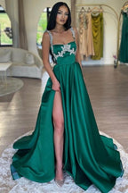 Éblouissante robe de bal longue vert foncé en satin, sans manches, en forme de A, ornée de strass, avec fente
