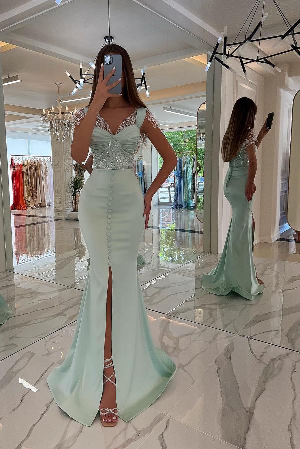 Robe de bal longue sirène en satin à paillettes avec décolleté en cœur et fente spectaculaire