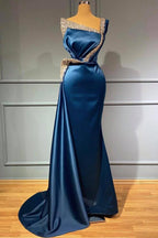Impresionante vestido de fiesta de sirena de satén elástico con un solo hombro