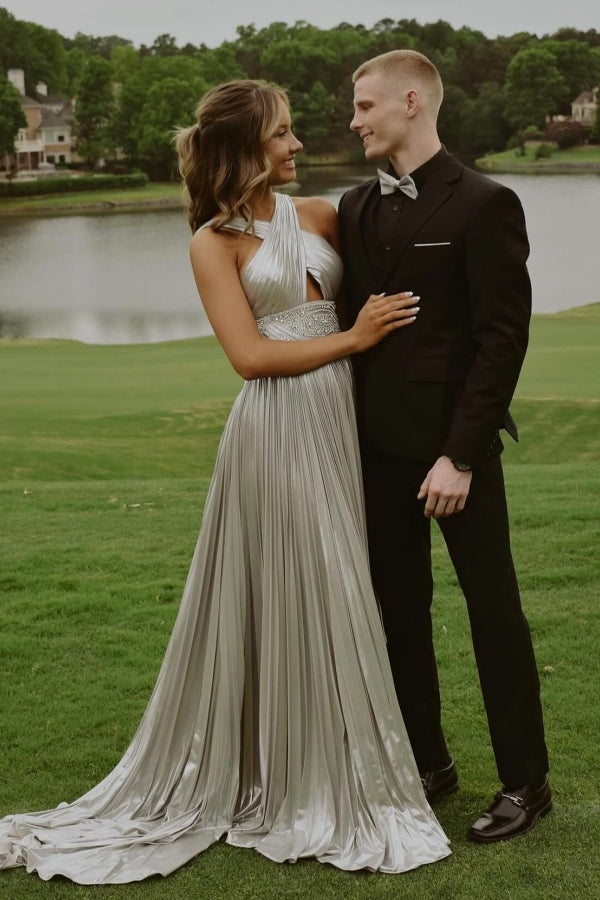 Robe de bal longue argentée éblouissante en ligne A, plissée, dos nu, sexy avec strass