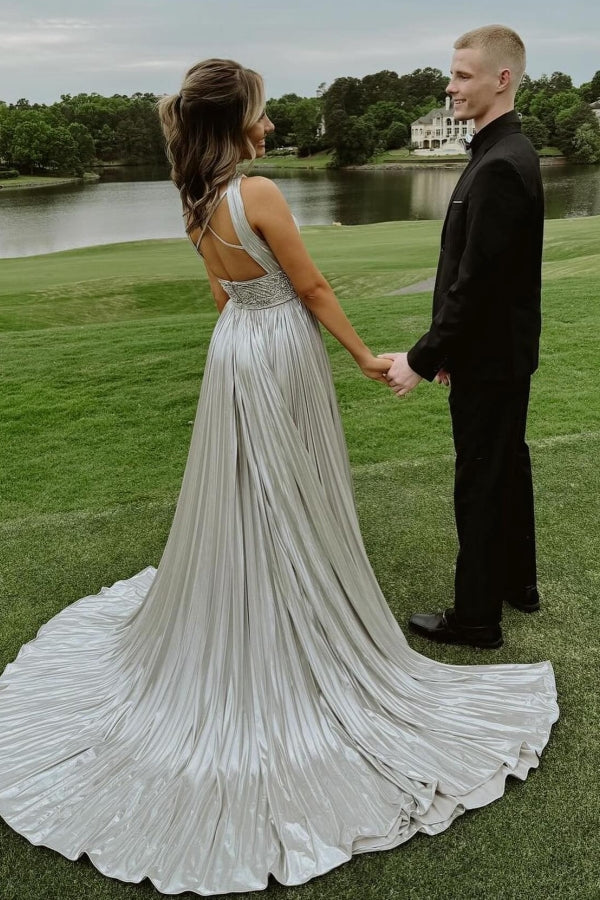 Robe de bal longue argentée éblouissante en ligne A, plissée, dos nu, sexy avec strass