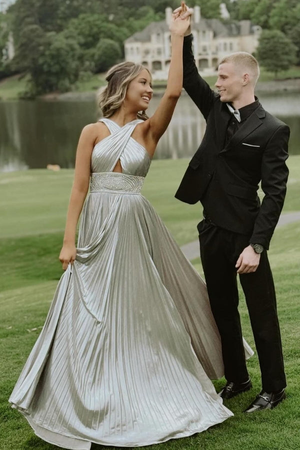 Robe de bal longue argentée éblouissante en ligne A, plissée, dos nu, sexy avec strass