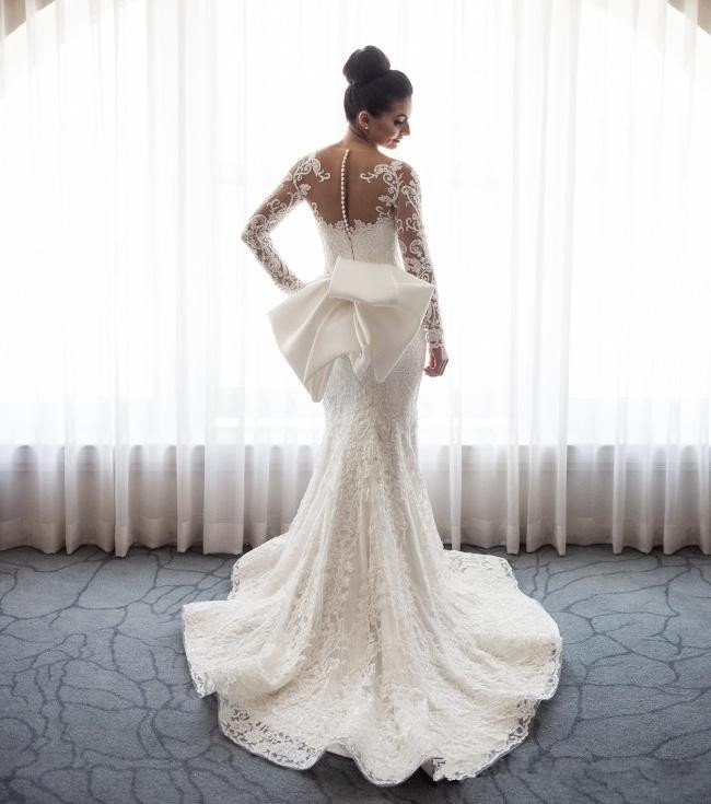 Robe de mariée sirène en dentelle avec nœud papillon, jupe amovible et manches, robe nuptiale