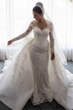 Robe de mariée sirène en dentelle avec nœud papillon, jupe amovible et manches, robe nuptiale