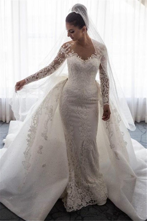 Robe de mariée sirène en dentelle avec nœud papillon, jupe amovible et manches, robe nuptiale
