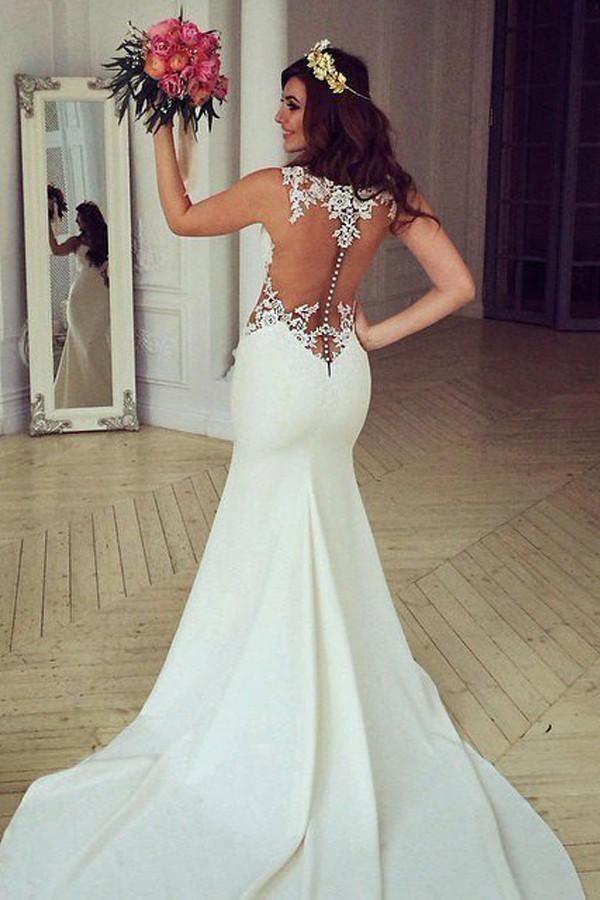 Stunning Mermaid Sleeveless Lace Wedding Dress Zipper Button