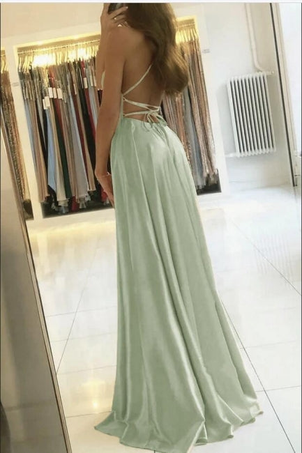 Stunning Spaghetti Straps Satin Evening Dress with Side Slit