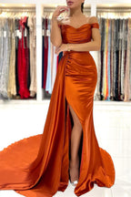 Stunning Stretch Satin Off Shoulder Evening Gown with Side Slit Detachable Train