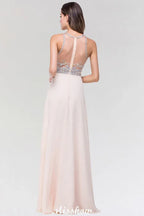 Vestido de Dama de Honra Elegante em Chiffon e Tule, Corte em A, Decote Redondo, Sem Mangas, Comprimento até ao Chão, com Contas
