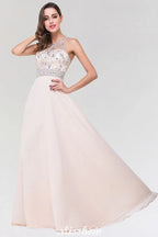 Vestido de Dama de Honra Elegante em Chiffon e Tule, Corte em A, Decote Redondo, Sem Mangas, Comprimento até ao Chão, com Contas
