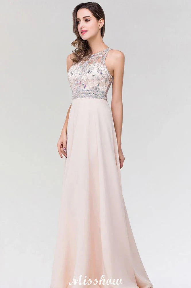 Vestido de Dama de Honra Elegante em Chiffon e Tule, Corte em A, Decote Redondo, Sem Mangas, Comprimento até ao Chão, com Contas