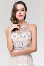 Vestido de Dama de Honra Elegante em Chiffon e Tule, Corte em A, Decote Redondo, Sem Mangas, Comprimento até ao Chão, com Contas