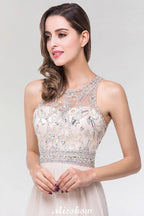 Vestido de Dama de Honra Elegante em Chiffon e Tule, Corte em A, Decote Redondo, Sem Mangas, Comprimento até ao Chão, com Contas