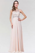 Vestido de Dama de Honra Elegante em Chiffon e Tule, Corte em A, Decote Redondo, Sem Mangas, Comprimento até ao Chão, com Contas
