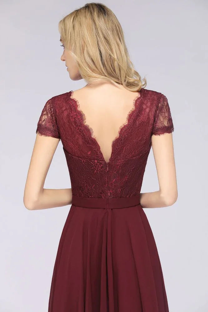 Modisches A-Linien Kleid mit V-Ausschnitt, kurzen Ärmeln und bodenlang für Brautjungfern