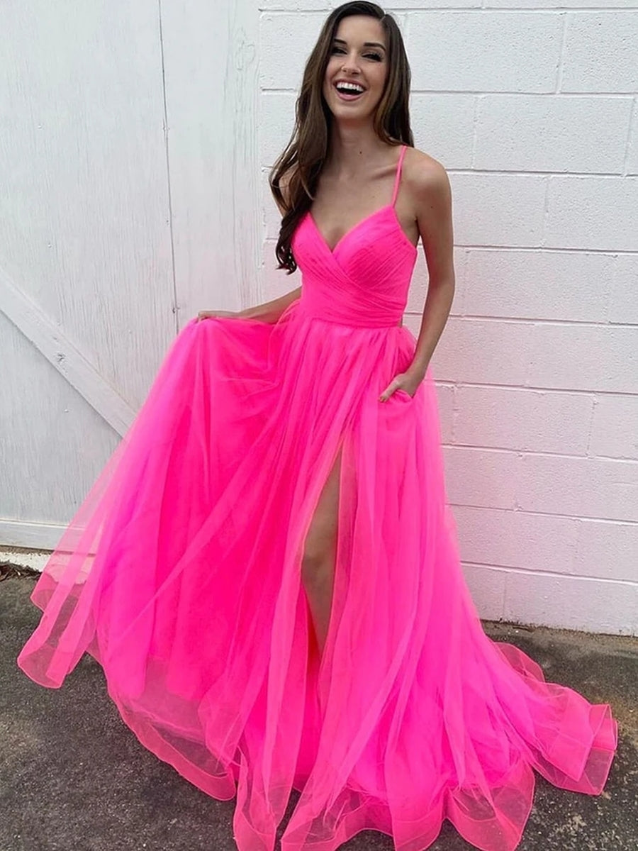 Robes de bal longues élégantes en tulle, coupe trapèze, col en V, fente avant avec poches