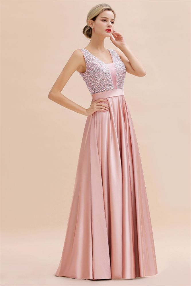 Stilvolles rückenfreies bodenlanges Abendkleid aus Satin mit V-Ausschnitt