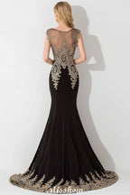 Robe longue de soirée sirène élégante à manches courtes avec appliques dorées, robe de fête sans manches