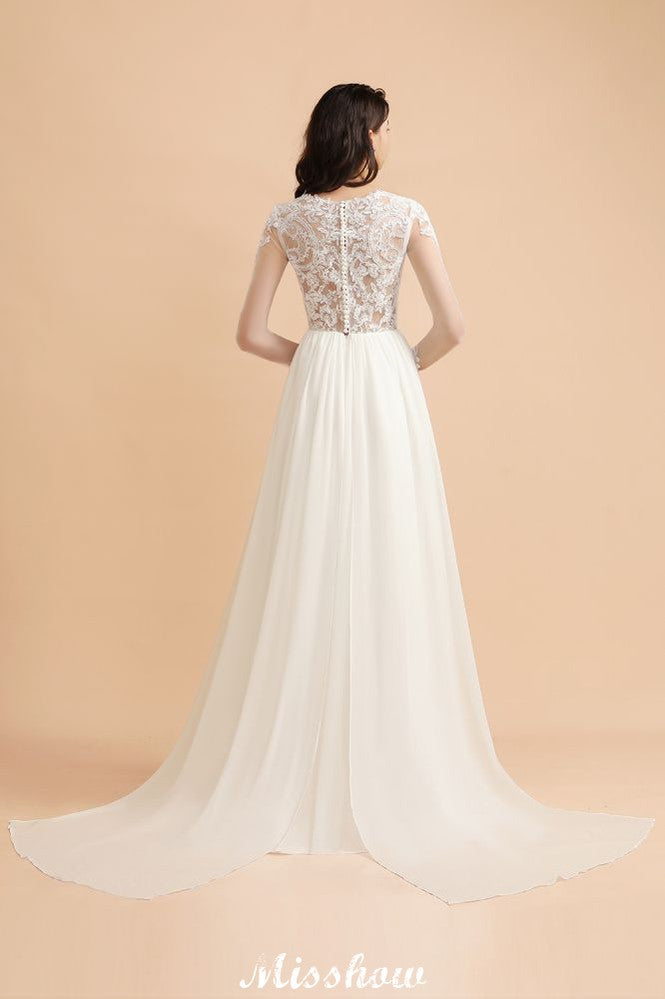 Vestido de Noiva Simples com Aplicações de Renda, Gola Redonda, Manga Comprida e Chiffon Elegante