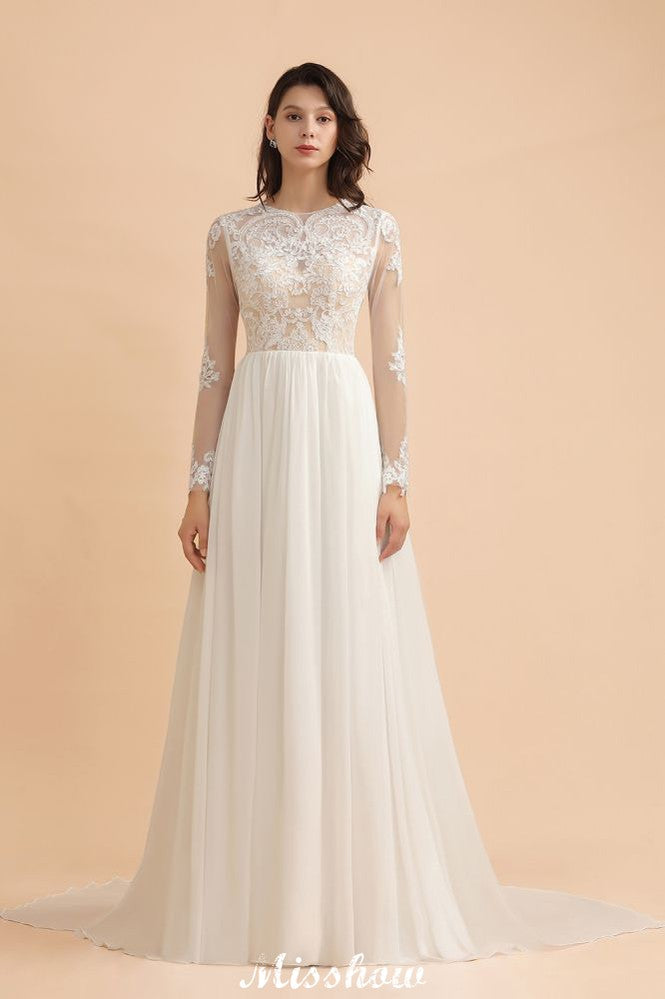 Vestido de Noiva Simples com Aplicações de Renda, Gola Redonda, Manga Comprida e Chiffon Elegante