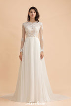 Vestido de Noiva Simples com Aplicações de Renda, Gola Redonda, Manga Comprida e Chiffon Elegante