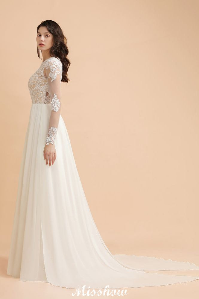 Vestido de Noiva Simples com Aplicações de Renda, Gola Redonda, Manga Comprida e Chiffon Elegante