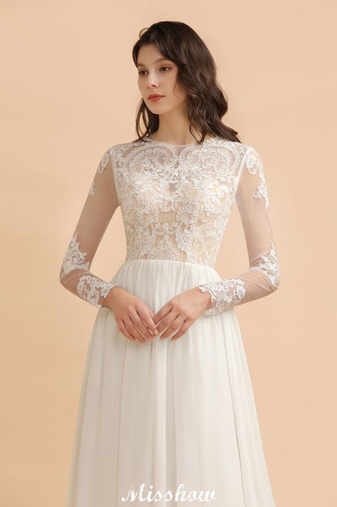 Vestido de Noiva Simples com Aplicações de Renda, Gola Redonda, Manga Comprida e Chiffon Elegante