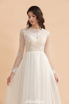 Vestido de Noiva Simples com Aplicações de Renda, Gola Redonda, Manga Comprida e Chiffon Elegante