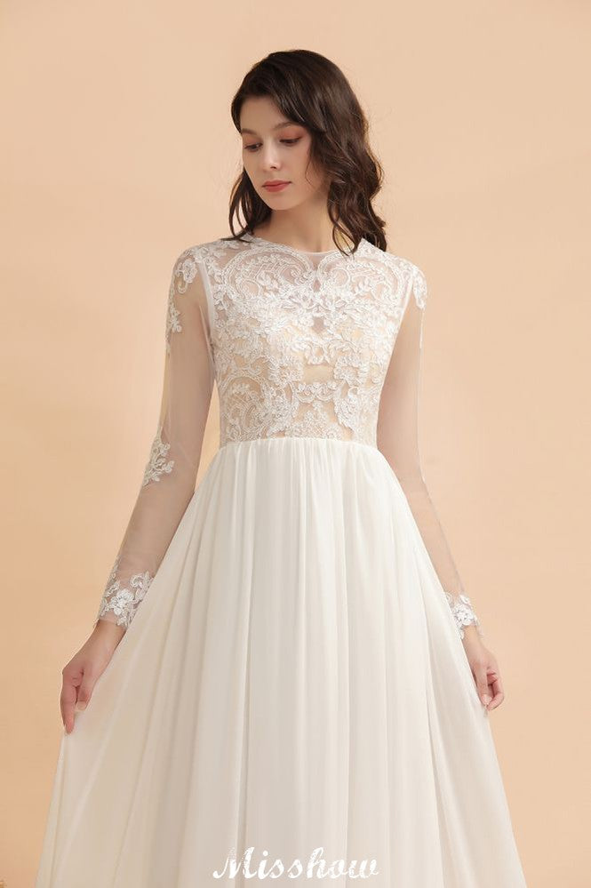 Vestido de Noiva Simples com Aplicações de Renda, Gola Redonda, Manga Comprida e Chiffon Elegante