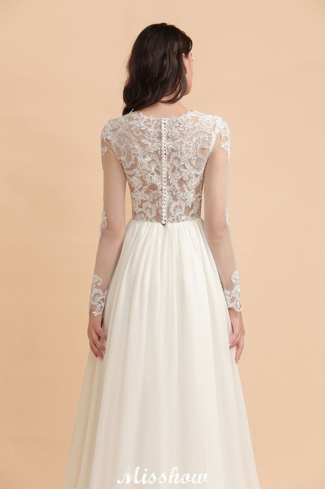 Vestido de Noiva Simples com Aplicações de Renda, Gola Redonda, Manga Comprida e Chiffon Elegante