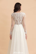 Vestido de Noiva Simples com Aplicações de Renda, Gola Redonda, Manga Comprida e Chiffon Elegante