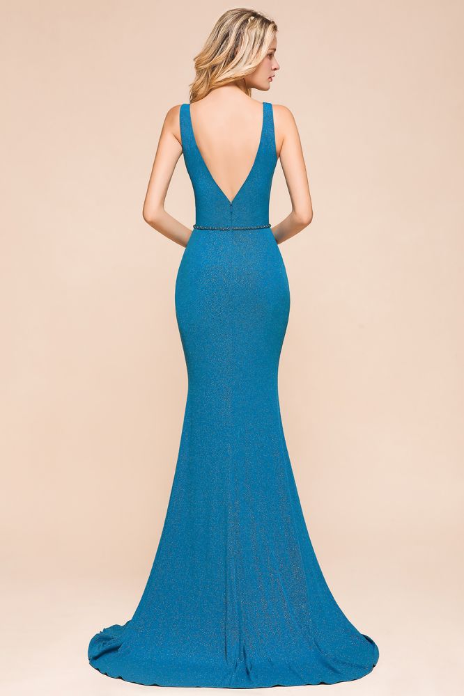 Elegante vestido de fiesta formal de sirena sin mangas con escote en V doble profundo