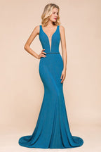 Elegante vestido de fiesta formal de sirena sin mangas con escote en V doble profundo