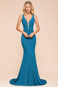 Elegante vestido de fiesta formal de sirena sin mangas con escote en V doble profundo
