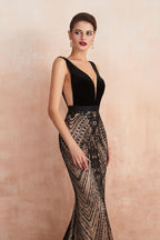 Robe de bal sirène noire élégante à col en V profond, ornée de perles, sans manches, ajustée, pour soirée
