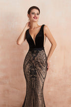 Robe de bal sirène noire élégante à col en V profond, ornée de perles, sans manches, ajustée, pour soirée