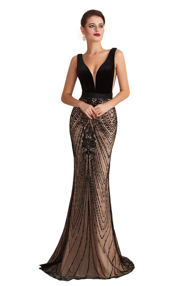 Robe de bal sirène noire élégante à col en V profond, ornée de perles, sans manches, ajustée, pour soirée