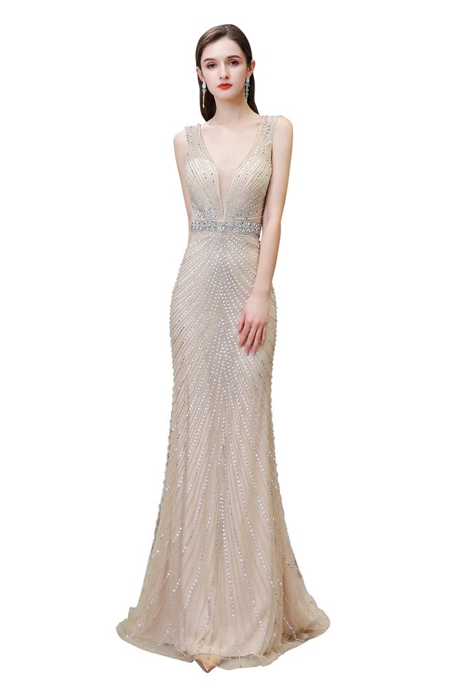 Robe de soirée sirène argentée moulante à perles, sans manches, col en V profond et élégante