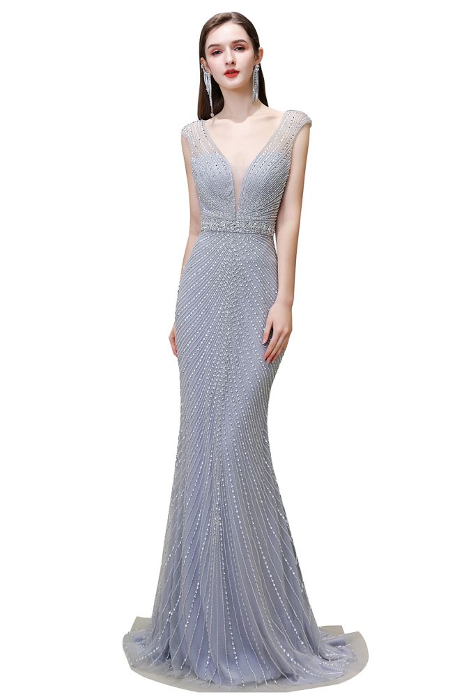 Robe de soirée sirène argentée moulante à perles, sans manches, col en V profond et élégante