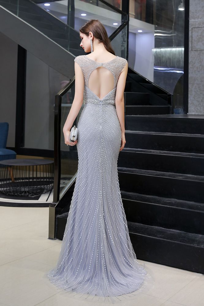 Robe de soirée sirène argentée moulante à perles, sans manches, col en V profond et élégante
