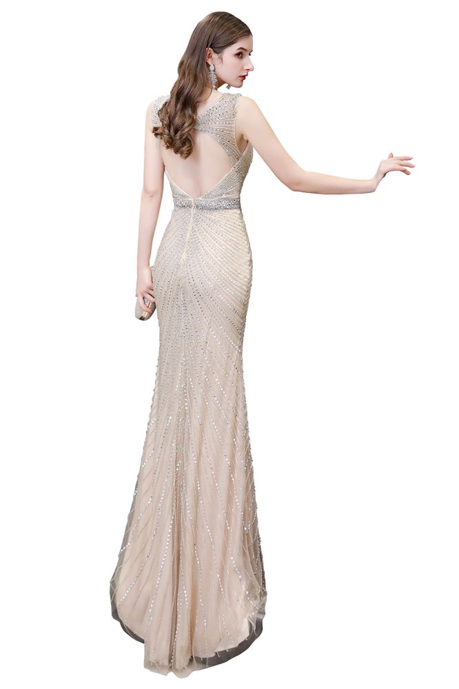Robe de soirée sirène argentée moulante à perles, sans manches, col en V profond et élégante
