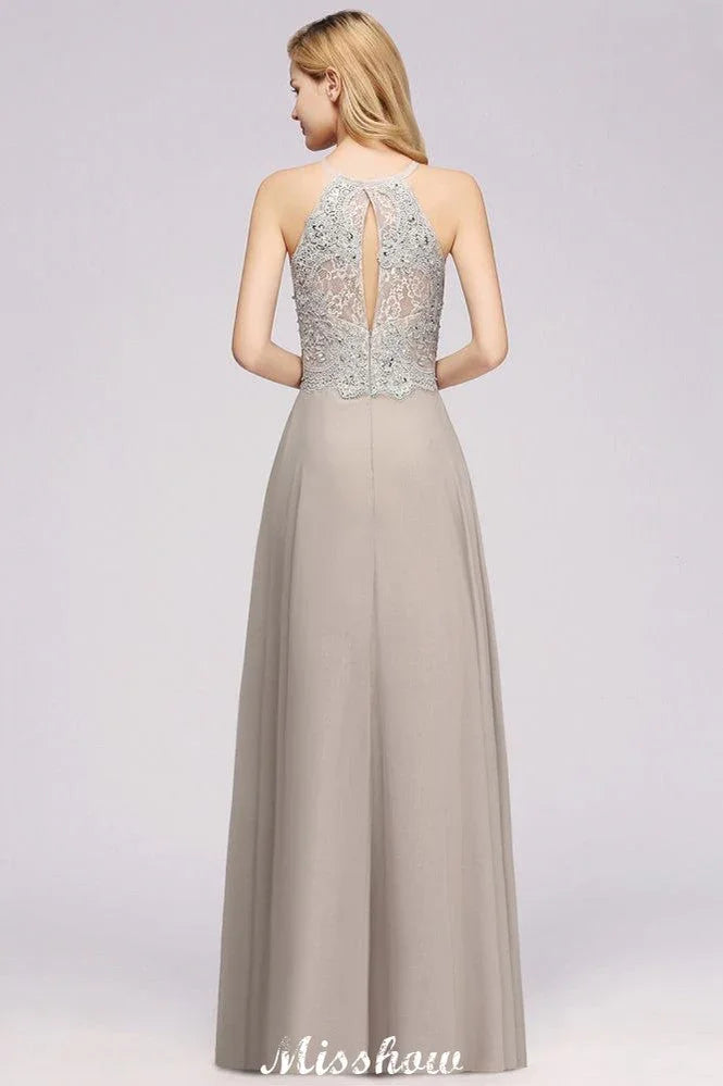 Vestido de Festa Sem Mangas com Apliques Florais Elegantes, Modelo A Linha, Prateado, Chiffon Longo, Vestido de Dama de Honra