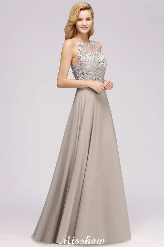 Vestido de Festa Sem Mangas com Apliques Florais Elegantes, Modelo A Linha, Prateado, Chiffon Longo, Vestido de Dama de Honra