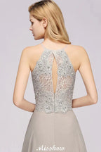 Vestido de Festa Sem Mangas com Apliques Florais Elegantes, Modelo A Linha, Prateado, Chiffon Longo, Vestido de Dama de Honra