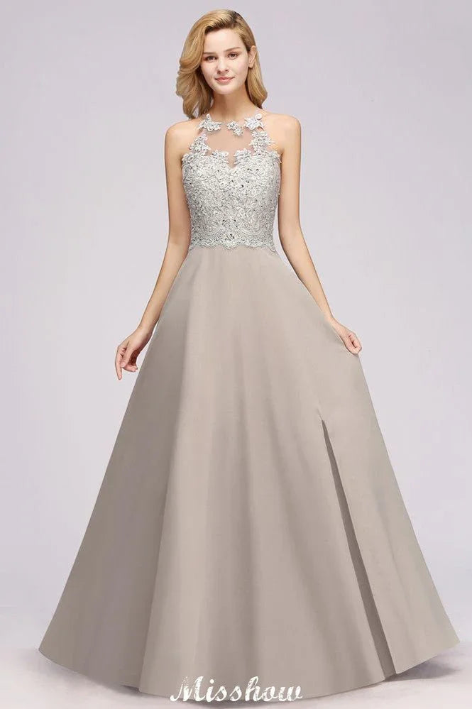 Vestido de Festa Sem Mangas com Apliques Florais Elegantes, Modelo A Linha, Prateado, Chiffon Longo, Vestido de Dama de Honra