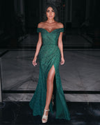 Robe de bal sirène longue verte élégante à épaules dénudées avec fente