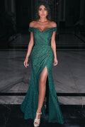 Robe de bal sirène longue verte élégante à épaules dénudées avec fente