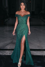 Robe de bal sirène longue verte élégante à épaules dénudées avec fente